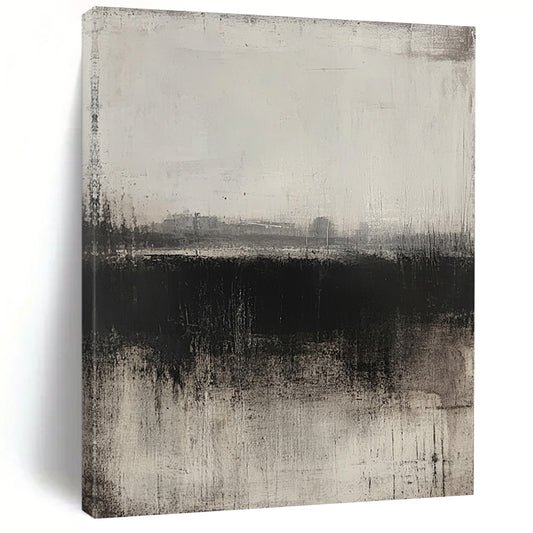 Contemporary hand-painted abstract artwork featuring a grey and black palette soft textures and a faint urban landscape in a minimalist style. DLZ0710