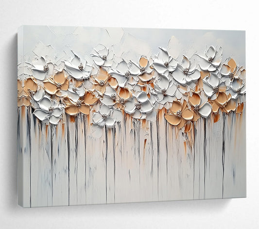 “White - Gold Floral Drip” - White, Gold, Beige with Flower Row - 3D Impasto Painting HB1350