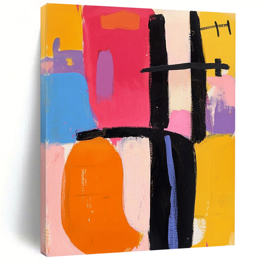 Bold contemporary abstract artwork featuring vibrant pink orange yellow blue black and purple shapes inspired by Frank Kline's dynamic style. DLZ0931