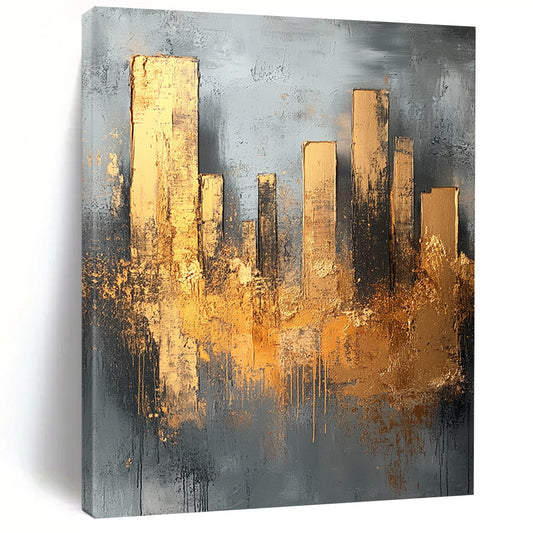 Contemporary hand-painted abstract artwork featuring neutral tones, gold accents, and textured layers creating a minimalist vintage-inspired aesthetic with dynamic brush strokes. DLZ0757