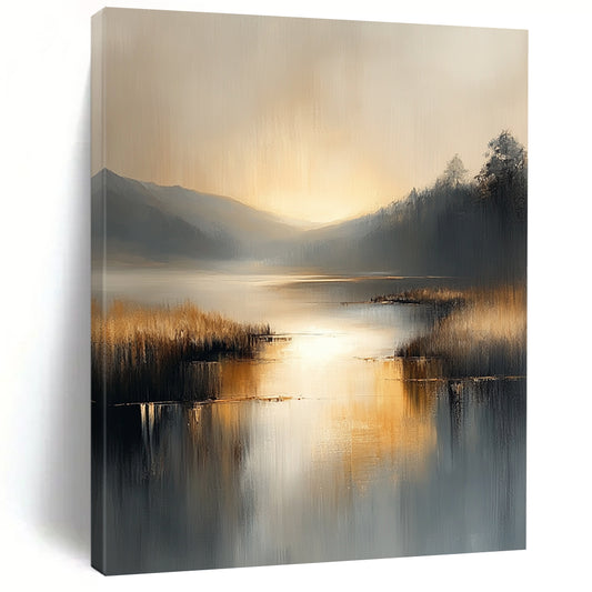 Contemporary abstract painting with soft gray and beige tones reflecting on water evokes serenity in a large canvas illuminated by golden hour light. DLZ0417