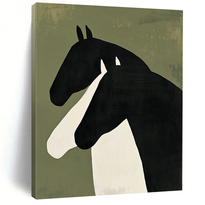 Contemporary abstract painting featuring two horses in profile – bold black shapes with white accents on green background, creating a striking minimalist visual. DLZ1325