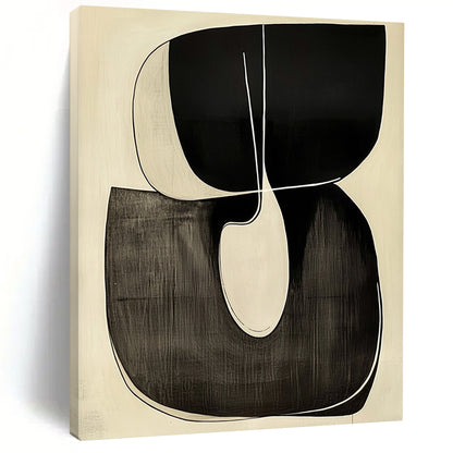 Contemporary hand-painted abstract art featuring a looping R shape outlined in white against a minimalist black and white background. DLZ1341