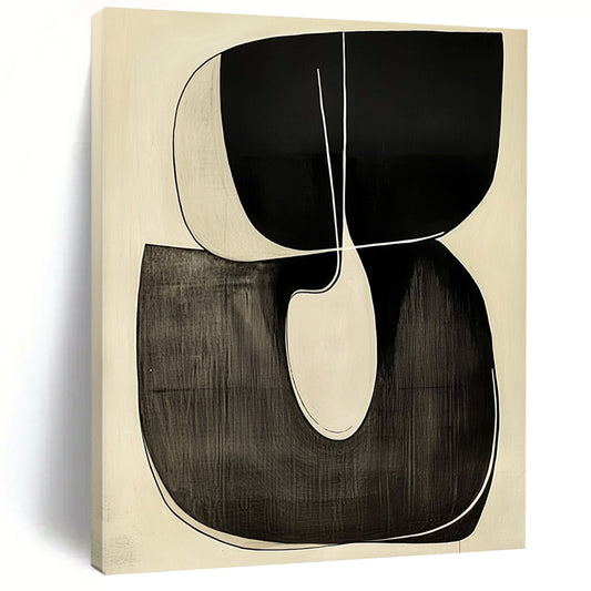 Contemporary hand-painted abstract art featuring a looping R shape outlined in white against a minimalist black and white background. DLZ1341