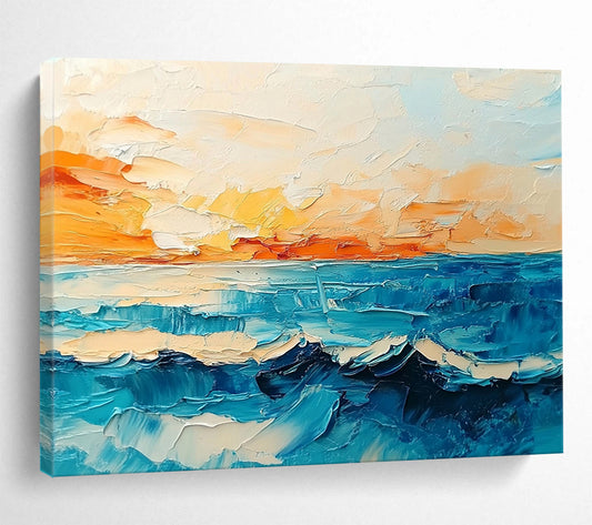 “Sunset Ocean Waves” - Orange, Yellow, Blue, Impasto Seaside Sunset Painting On Canvas HB1029