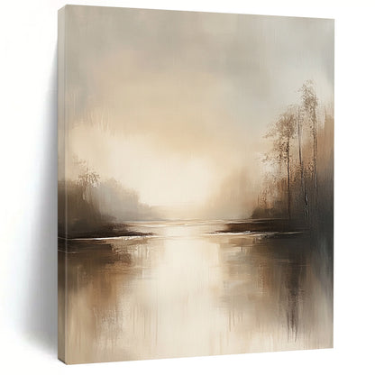 Abstract landscape artwork featuring neutral beige and gray tones tranquil water reflections and a serene muted sky evoking an ethereal calmness. DLZ0414