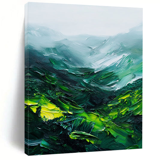 Contemporary abstract painting showcasing thick green mountains with rich brushstrokes and a misty atmosphere on white background. DLZ0623