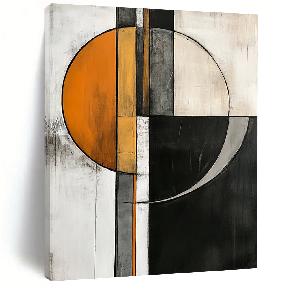 Contemporary abstract artwork featuring geometric shapes in orange, gray, and white on a striking black and white background. DLZ1017