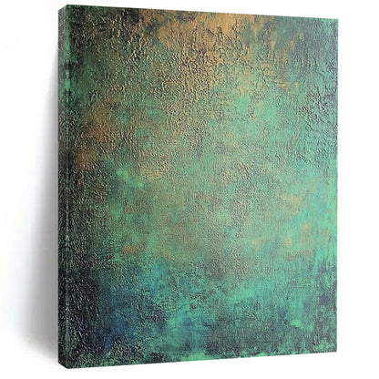 Contemporary hand-painted abstract art features intricate textures of dark green and blue tones with metallic sheen and subtle red accents. DLZ1167