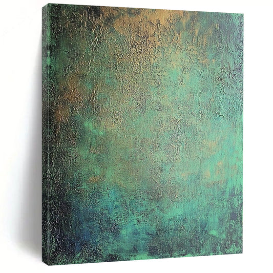 Contemporary hand-painted abstract art features intricate textures of dark green and blue tones with metallic sheen and subtle red accents. DLZ1167