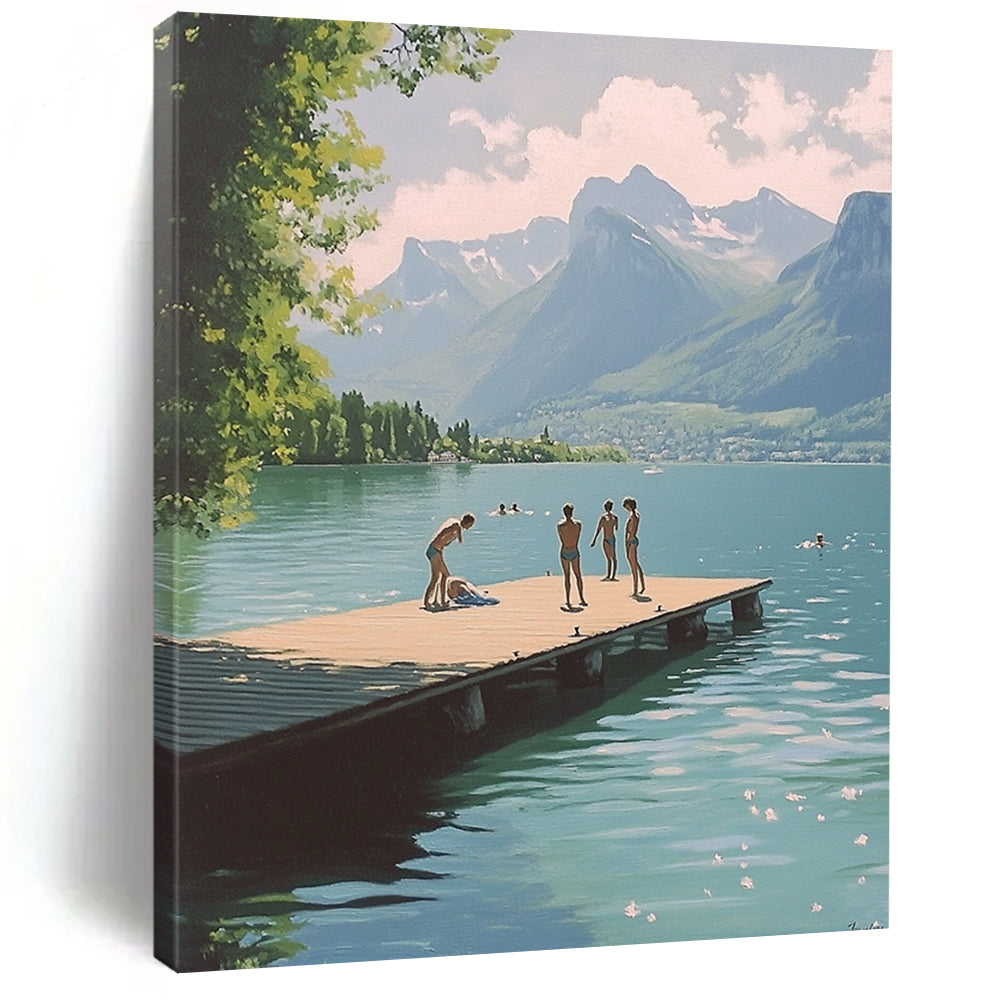 Contemporary abstract painting featuring swimmers on a dock at Lake Annecy with mountains in the background in a nostalgic 1970s vintage style. DLZ1108