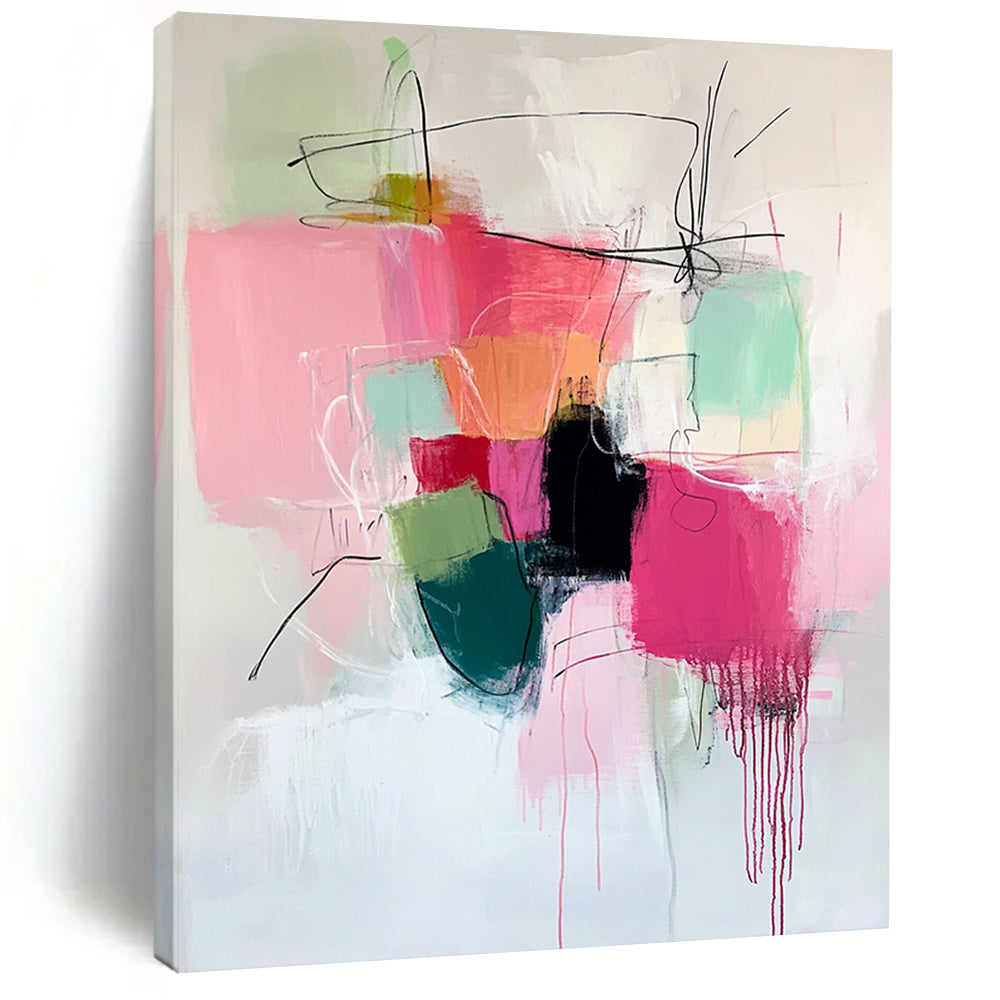 Large contemporary hand-painted abstract artwork featuring vibrant pinks and greens with expressive brush strokes and thick black line work adding depth. DLZ0907