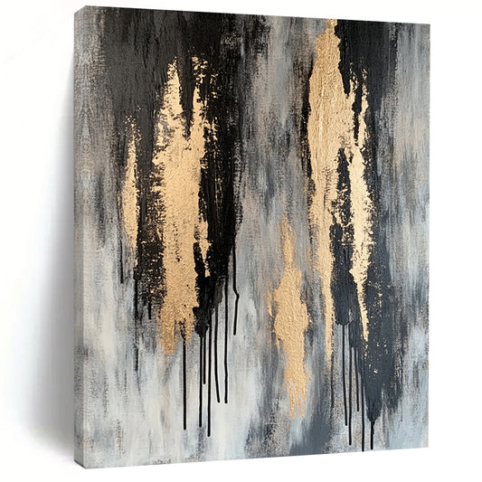 Gray, Black & Gold Dripping Textures - “Urban Gilded Streams” Painting On Canvas HB198
