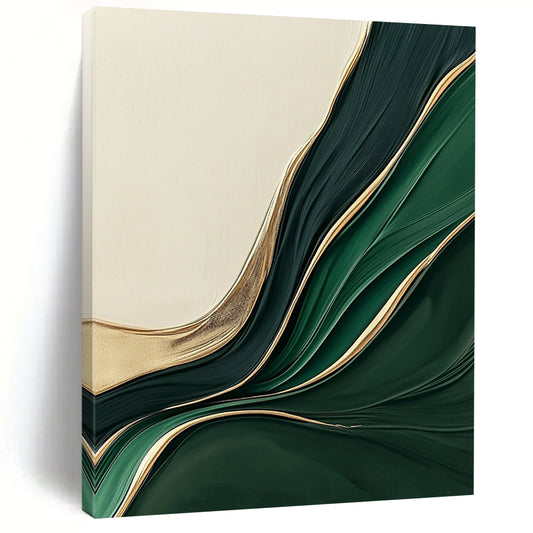 Contemporary hand-painted abstract art features a light green and dark beige gradient with curved lines and gold foil, creating an elegant textured appearance. DLZ0711