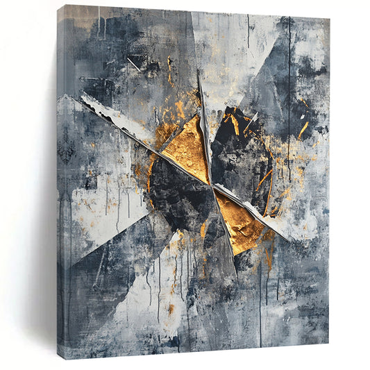 Gray, Black, White and Gold Abstract Shards "Elegant Ruins" Painting On Canvas HB362