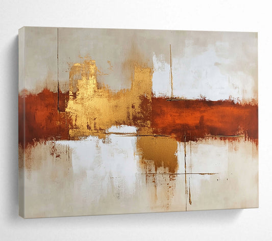 “Brown Gold White Abstract Horizons” - Brown, gold, white, beige; Abstract horizons with gold reflections HB1291