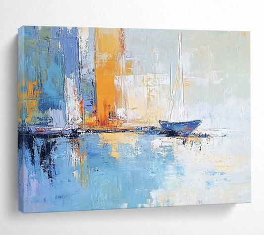 “Harbor Serenity” - Blues, oranges, yellows; Sailboat by abstract city harbor; Impasto Oil Painting On Canvas HB1176