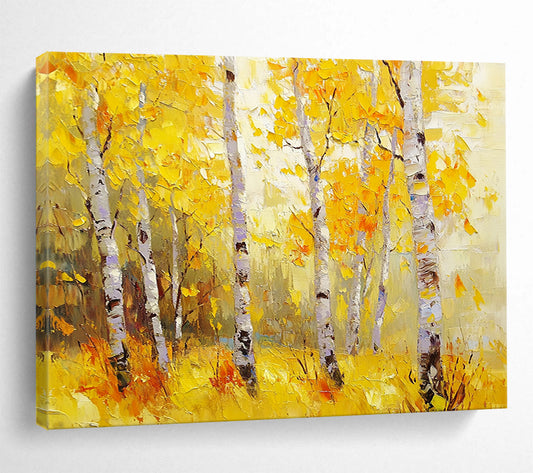 “Golden Autumn Birches” - Yellows, Oranges, Browns, White, Birch Trees - Impressionist Oil Painting HB1582