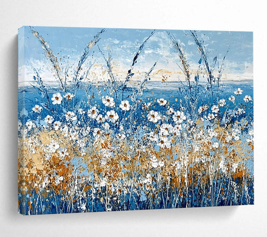“Blue Wildflower Field with White Daisies” - Blue, White, Yellow, Orange, Floral Landscape Painting On Canvas HB0828