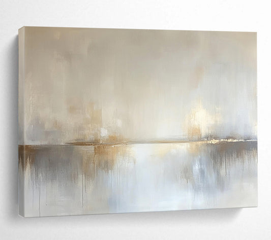 “Dreamy Horizon Reflection” - Pale beige, soft gray, white, Abstract Landscape Painting On Canvas HB0613