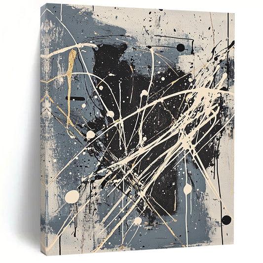 Gray, Black, White, Gold, Intricate Splatters "Gilded Galaxy" Abstract Pollock - Inspired Painting On Canvas HB053