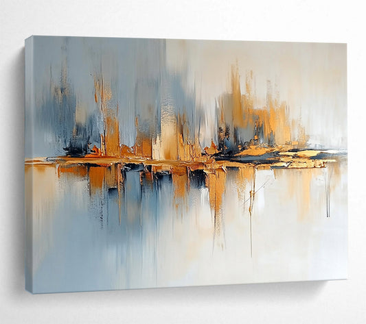 “Abstract Cityscape with Reflection” - Gray, blue, gold; Abstract cityscape with reflective elements; Acrylic Painting On Canvas HB1243