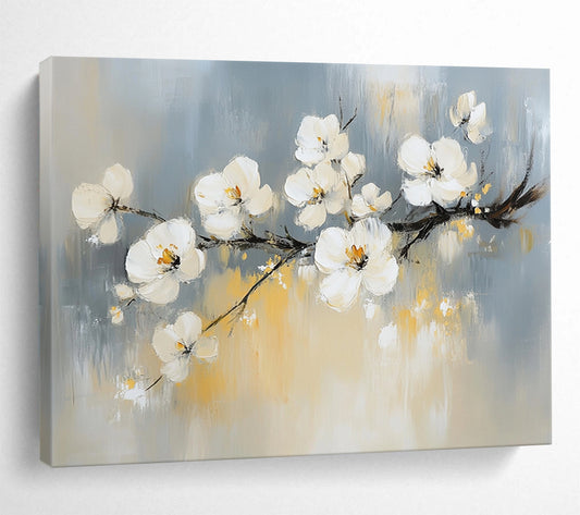 “White Blossoms On Branch” - Gray, White, Yellow, Impressionist Floral Painting On Canvas HB0682