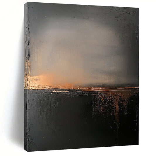 Contemporary abstract painting featuring atmospheric clouds and a foggy landscape in muted gray and black tones with hints of gold enhancing serenity and introspection. DLZ0692