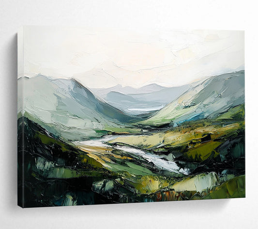 “Impasto Valley Landscape” - Green, Gray, Yellow with Textured Valley - Painting On Canvas HB1401