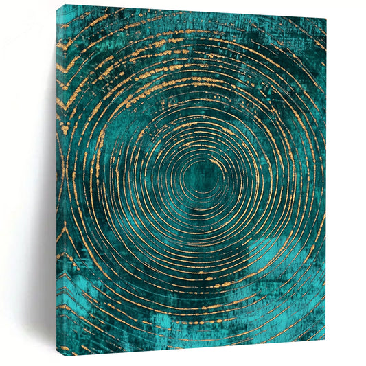 Contemporary art features abstract pattern with teal and gold concentric circles on a dark turquoise background, adding elegance to any space. DLZ1483