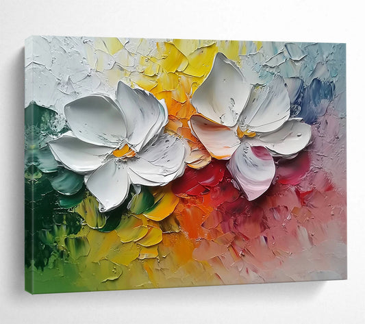 “3D White Flowers on Colorful Background” - White, Yellow, Red, Green, Impasto Floral Painting On Canvas HB1015