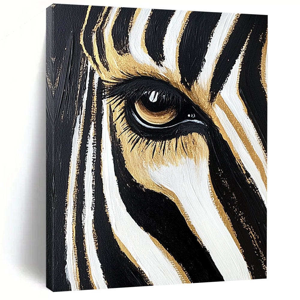 Contemporary hand-painted abstract art featuring a zebra's eye and forehead stripes in black and white with gold highlights against a gradient background. DLZ1217