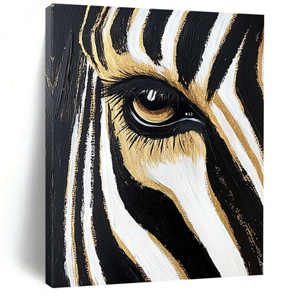 Contemporary hand-painted abstract art featuring a zebra's eye and forehead stripes in black and white with gold highlights against a gradient background. DLZ1217