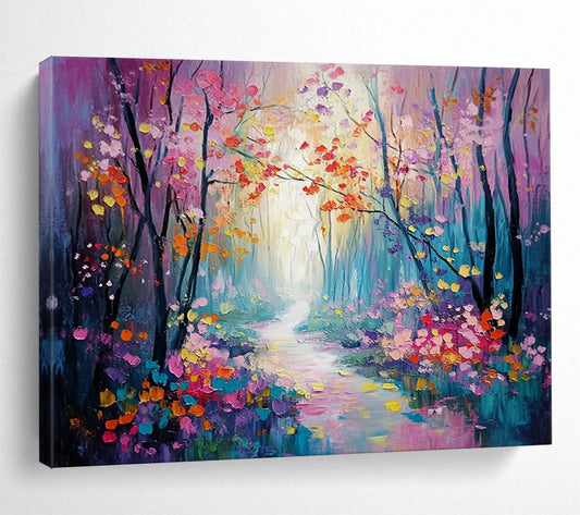 “Colorful Enchanted Forest Path” - Purple, Pink, Yellow, Blue, Flower - Lined Path - Whimsical Oil Painting HB1700