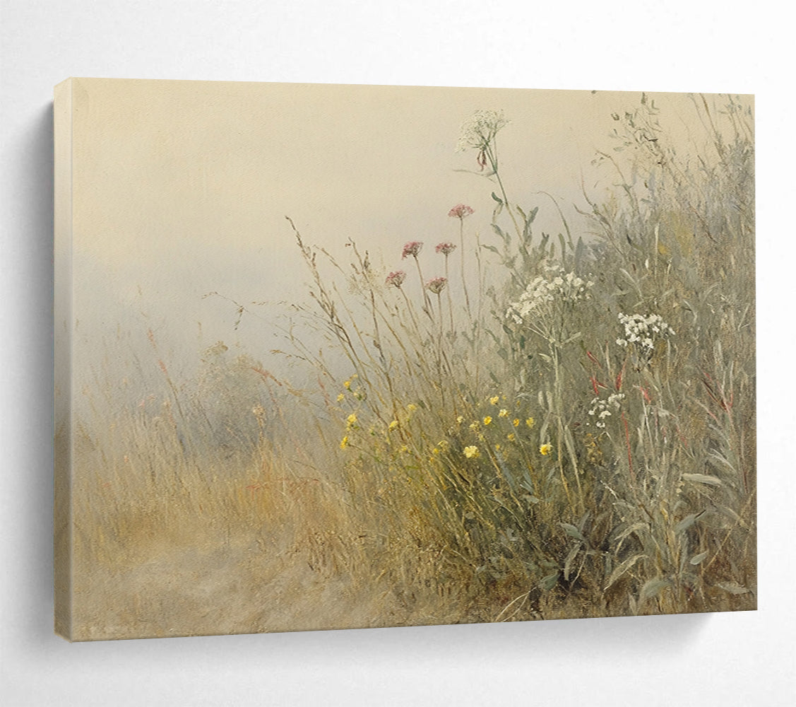 “Misty Meadow Wildflowers” - Beige, Gray, Pink, Yellow, White, Hazy Field of Flowers - Impressionistic Oil Painting HB1772