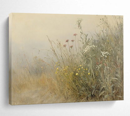 “Misty Meadow Wildflowers” - Beige, Gray, Pink, Yellow, White, Hazy Field of Flowers - Impressionistic Oil Painting HB1772