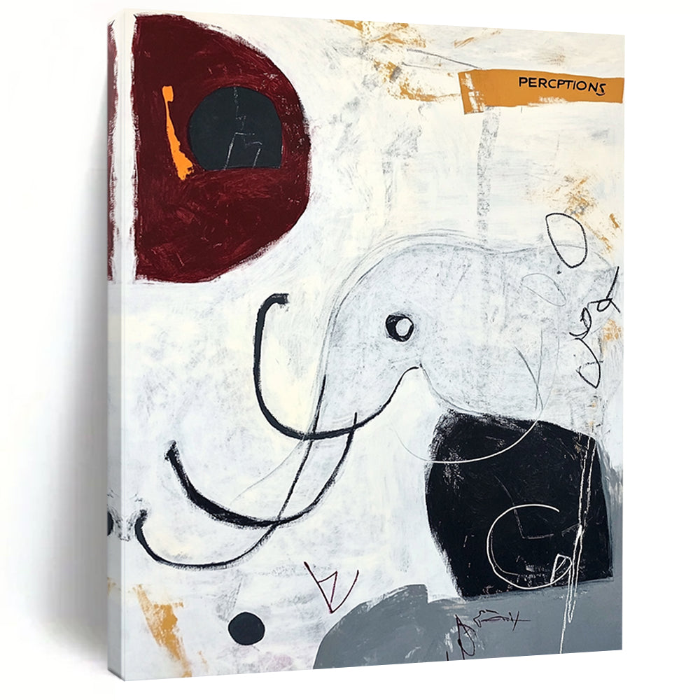 Contemporary hand-painted abstract art featuring an elephant in black lines and circles with a modern surrealistic style that evokes happiness. DLZ1071