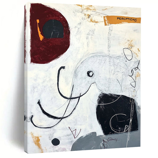 Contemporary hand-painted abstract art featuring an elephant in black lines and circles with a modern surrealistic style that evokes happiness. DLZ1071