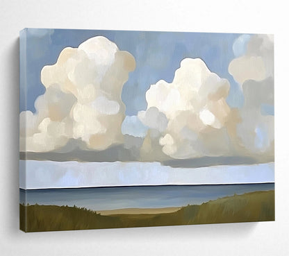 “Cloudy Coastal View” - Blues, Whites, Greens, Clouds Over the Sea with Grasslands - Minimalist Acrylic Painting HB1708