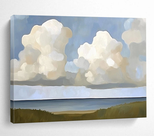 “Cloudy Coastal View” - Blues, Whites, Greens, Clouds Over the Sea with Grasslands - Minimalist Acrylic Painting HB1708