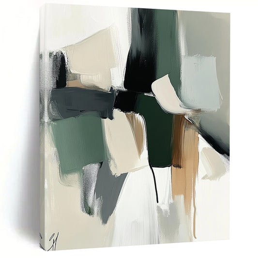 Large contemporary hand-painted abstract artwork with soft shapes and colors in sage green and white, complemented by dark gray for a gentle atmosphere. DLZ0770