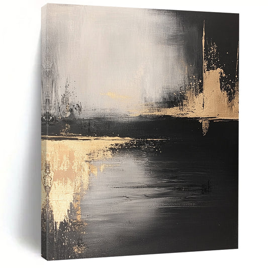 Contemporary abstract art featuring a monochromatic palette of black and gold with textured brush strokes and subtle contrasts of light and shadow. DLZ0296