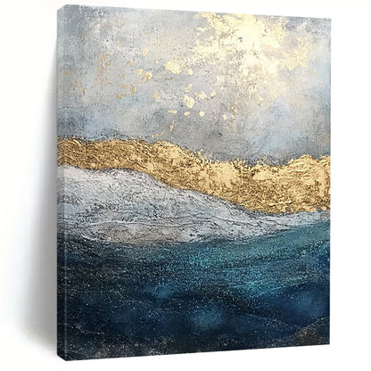 Contemporary abstract painting features textured layers of paint and glitter with a soft gray sky and deep blue sea enhanced by golden foil accents. DLZ1078