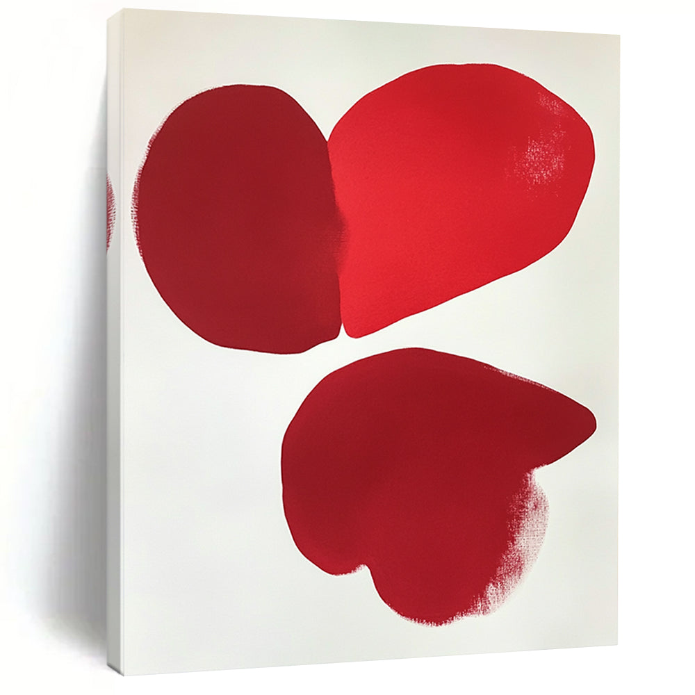 Contemporary hand-painted abstract art featuring two red hearts on a minimalistic white background inspired by Eric Carle and Jean Arp. DLZ1720