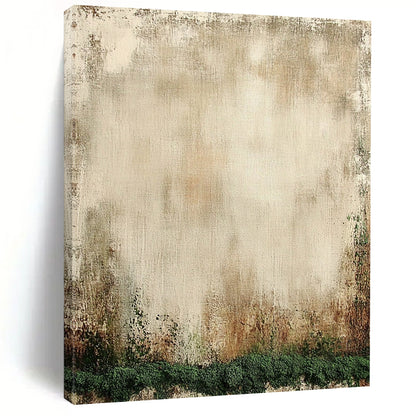 Contemporary hand-painted abstract artwork featuring aged beige canvas, mossy texture, distressed edges, and soothing neutral tones. DLZ1136
