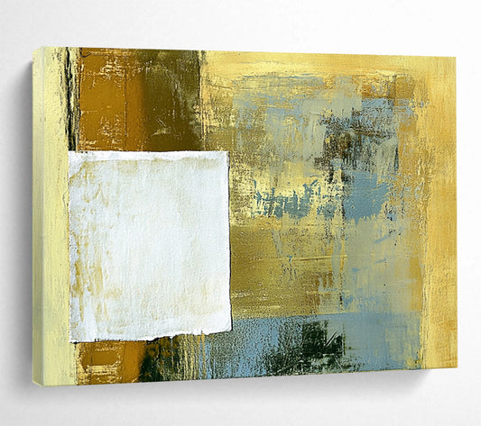 “Textured Gold - Blue Square” - Layered gold and blue with a raw - edged white square, Mixed - Media Abstract Painting On Canvas HB0541