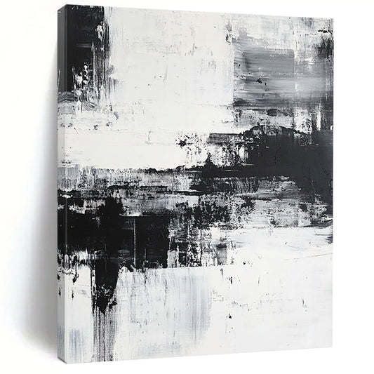 Large contemporary hand-painted abstract artwork featuring a coastal landscape with brush strokes and layers, emphasizing emotional depth in a serene monochromatic palette. DLZ0302