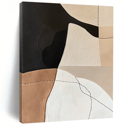 Contemporary abstract artwork with minimalist Japandi design featuring leather and paper collage in neutral earthy tones and feminine hand-stitched details. DLZ1619