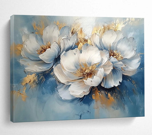 “Blue - Gold Peonies” - Blue, White, Gold with Peony Blooms - Impasto Oil Painting HB1346