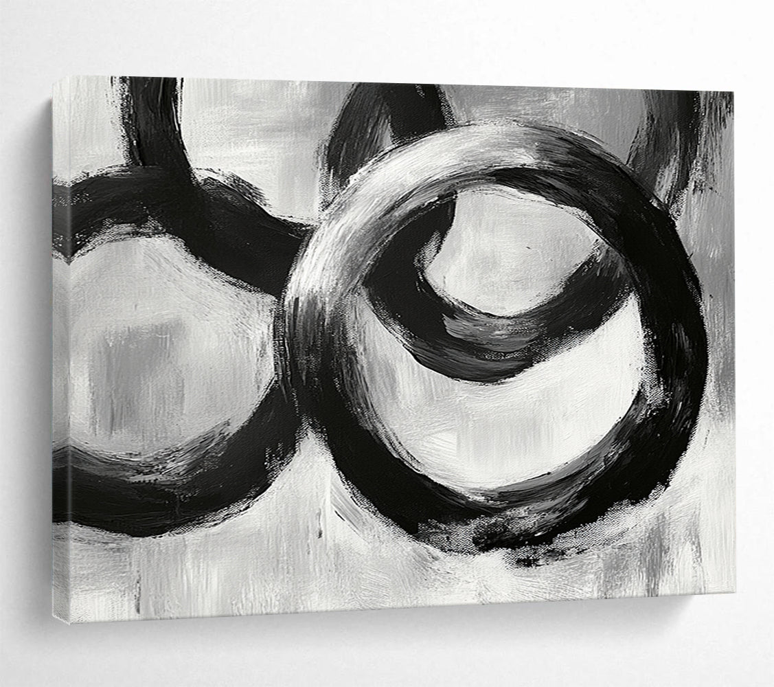 “Interlocking Black Rings” - Blacks, Whites, Grays, Abstract Circular Forms - Acrylic Painting HB1622
